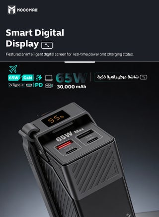 power bank 30000mah small size. Powerful 65W portable charger. power bank fast charging with four ports (2*Type C charger & 2*QC3.0 USB charger). powerbank doubles as a laptop charger. power bank 30000 with digital display. charger iPhone, Samsung, Honor, & other phones & even laptops. From MOOGMAX - view 4